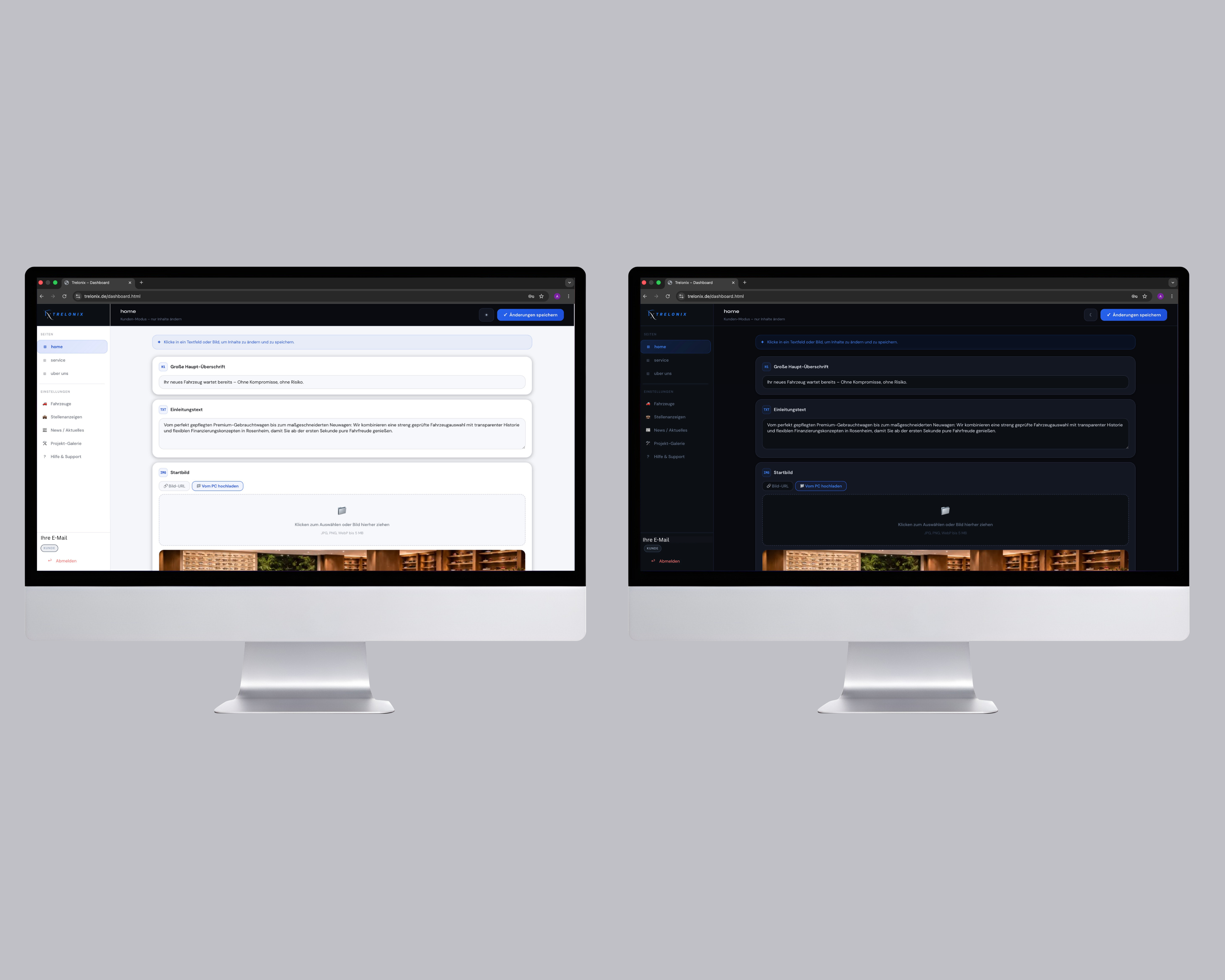 Trelonix Dashboard im hellen und dunklen Modus